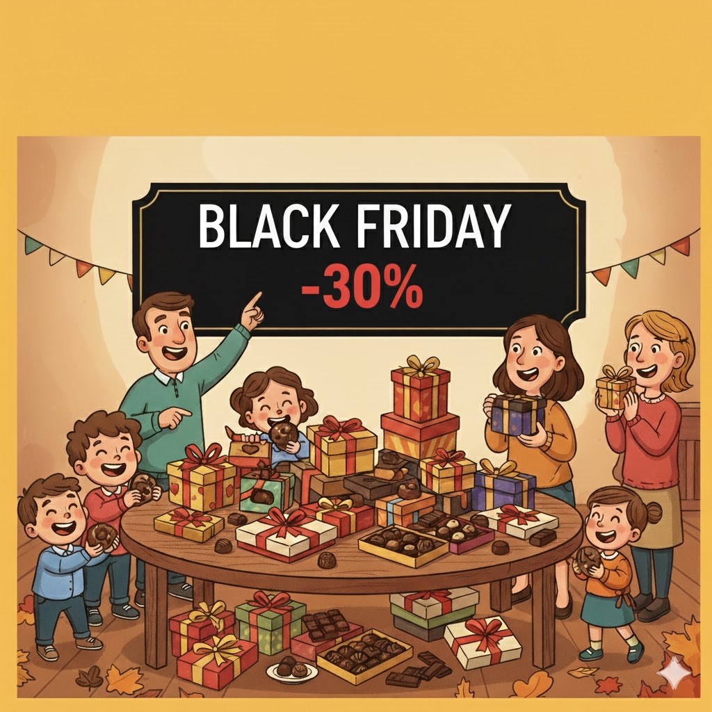 Illustrazione in stile cartone animato di una famiglia (adulti e bambini) felice attorno a un tavolo pieno di scatole regalo e cioccolatini. Un cartello nero con "BLACK FRIDAY -30%" è appeso al muro. L'atmosfera è gioiosa e autunnale.