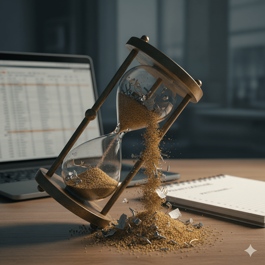 Clessidra rovesciata su una scrivania ordinata. Dalla clessidra, invece di sabbia, cadono rottami, viti e pezzi rotti, simboleggiando la gestione imprevisti Partita IVA e il tempo perso per il caos.