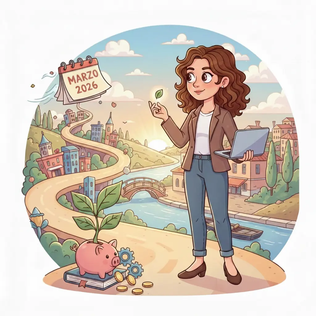 Illustrazione in stile cartone animato di una donna con i capelli ricci che tiene un computer portatile, con uno sfondo che richiama un paesaggio veneto con canali e ponti. In primo piano un salvadanaio a forma di porcellino con una pianta che cresce e un calendario che indica Marzo 2026.