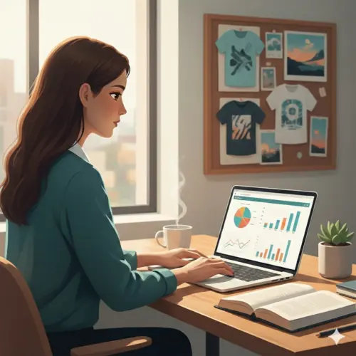 Illustrazione di una professionista che gestisce la Partita IVA forfettaria tra consulenza e shop print on demand.