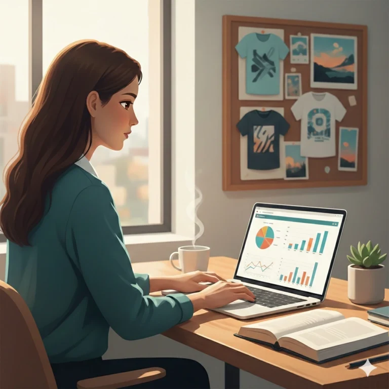 Illustrazione di una professionista che gestisce la Partita IVA forfettaria tra consulenza e shop print on demand.