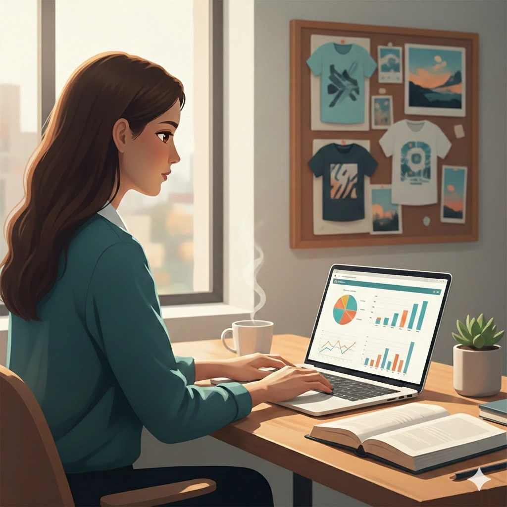 Illustrazione di una professionista che gestisce la Partita IVA forfettaria tra consulenza e shop print on demand.