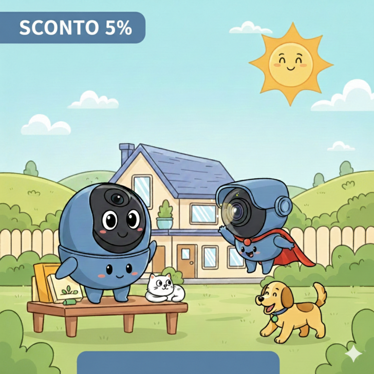 llustrazione stilizzata di una telecamera smart in un soggiorno moderno con smartphone che mostra un codice sconto.