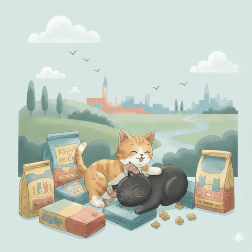 Illustrazione di due gattini che giocano tra numerose confezioni di cibo multipack. Lo sfondo mostra un paesaggio veneto stilizzato. L'immagine promuove il risparmio e la gestione delle scorte alimentari.