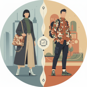 Illustrazione stilizzata di una coppia adulta con abbigliamento urban di tendenza 2026, con icone di shopping e architettura cittadina sullo sfondo.