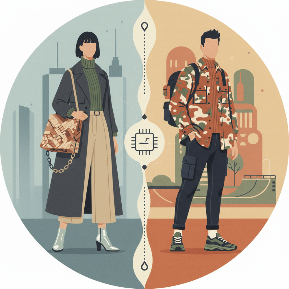 Illustrazione stilizzata di una coppia adulta con abbigliamento urban di tendenza 2026, con icone di shopping e architettura cittadina sullo sfondo.