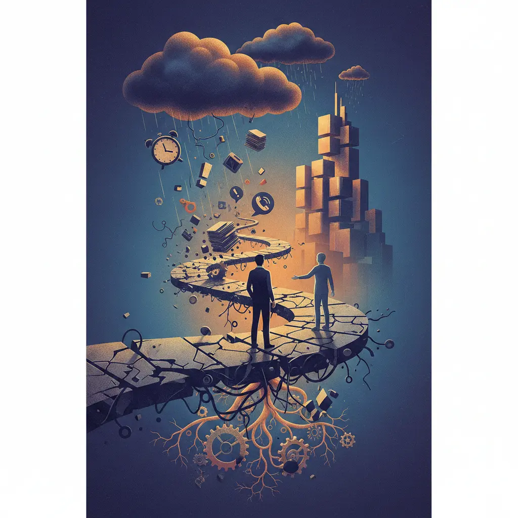 llustrazione concettuale di due figure professionali che percorrono una strada sospesa e frammentata, circondate da elementi che rappresentano interruzioni operative come orologi, documenti e ingranaggi, sotto una nuvola carica di pioggia.