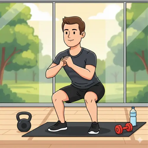 Illustrazione in stile cartone animato di un uomo che esegue uno squat su un tappetino da fitness in una stanza luminosa con pesi e kettlebell.