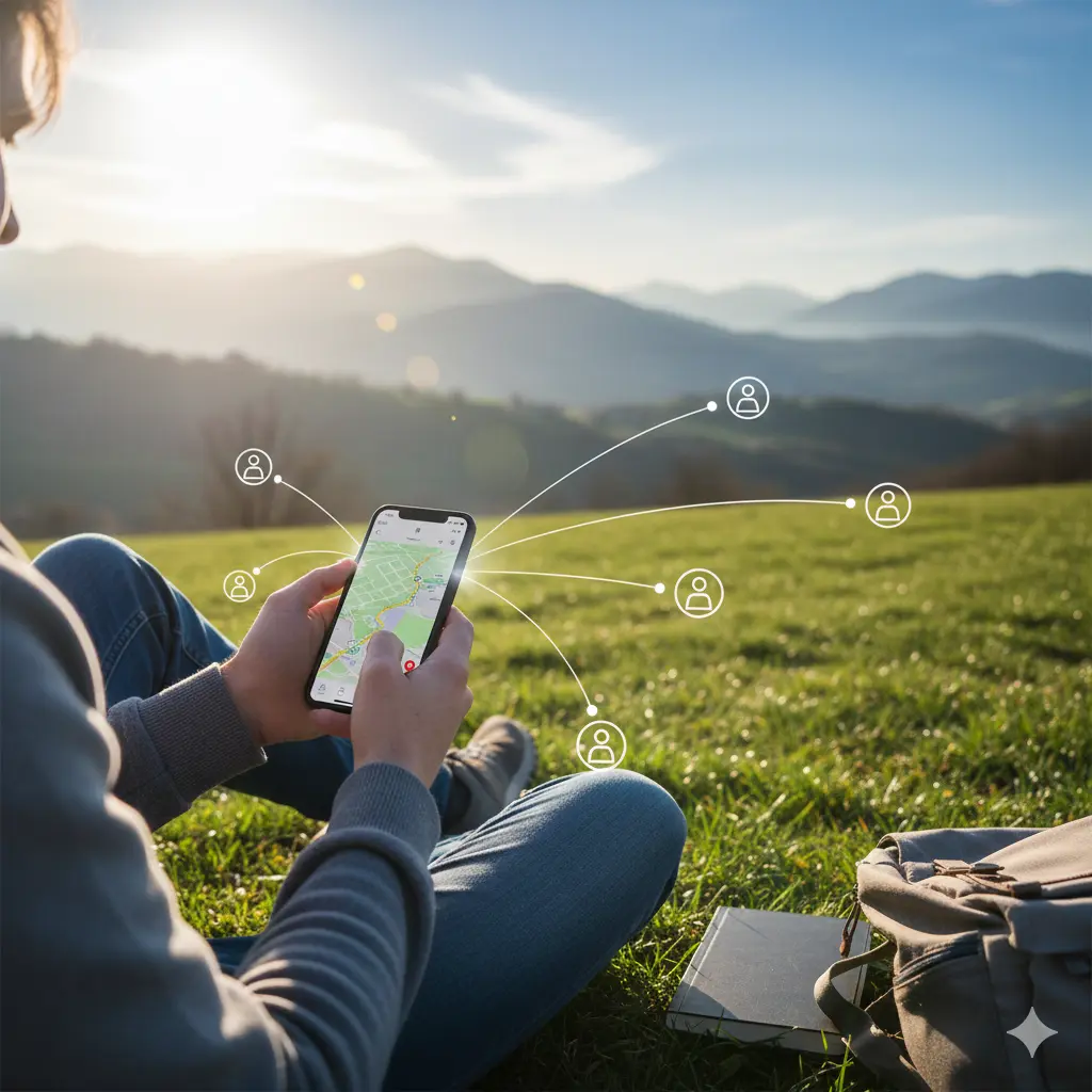 Persona seduta su un prato che utilizza uno smartphone per consultare una mappa digitale, con icone stilizzate che rappresentano la connessione tra utenti.