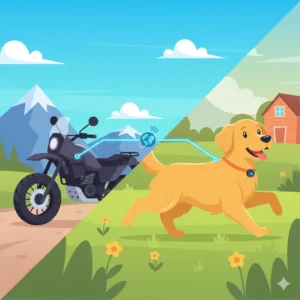 Illustrazione stile cartone animato di una moto e un cane golden retriever collegati a un segnale GPS satellitare.