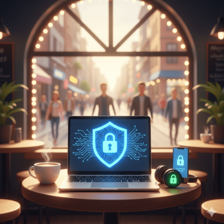 Illustrazione in stile digitale di un laptop in un caffè con uno scudo blu luminoso che rappresenta la sicurezza di NordVPN.