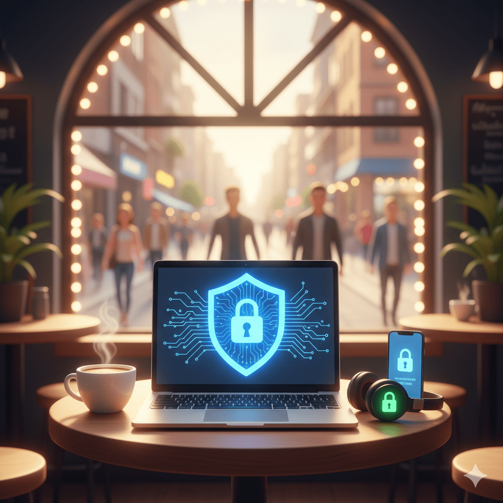 Illustrazione in stile digitale di un laptop in un caffè con uno scudo blu luminoso che rappresenta la sicurezza di NordVPN.