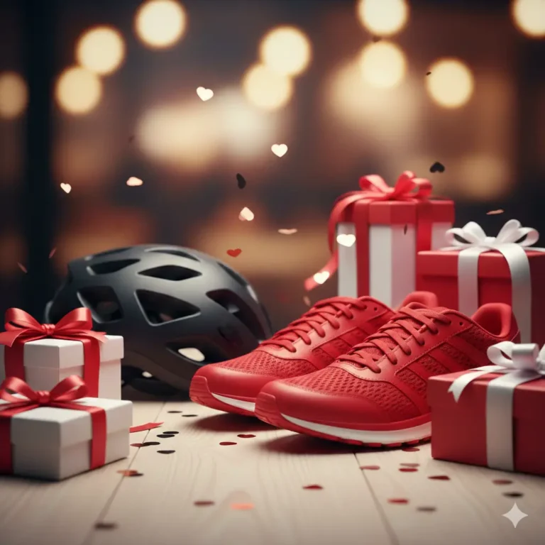 Composizione di regali di San Valentino con scarpe sportive rosse, casco da bicicletta nero e pacchi regalo su fondo luminoso.