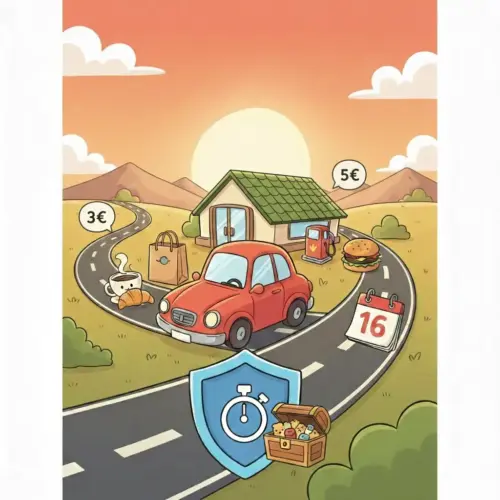 Illustrazione in stile cartone animato di una stazione di servizio lungo una strada collinare con un calendario che segna il giorno 16, un forziere di monete e icone di cibo con prezzi in euro.