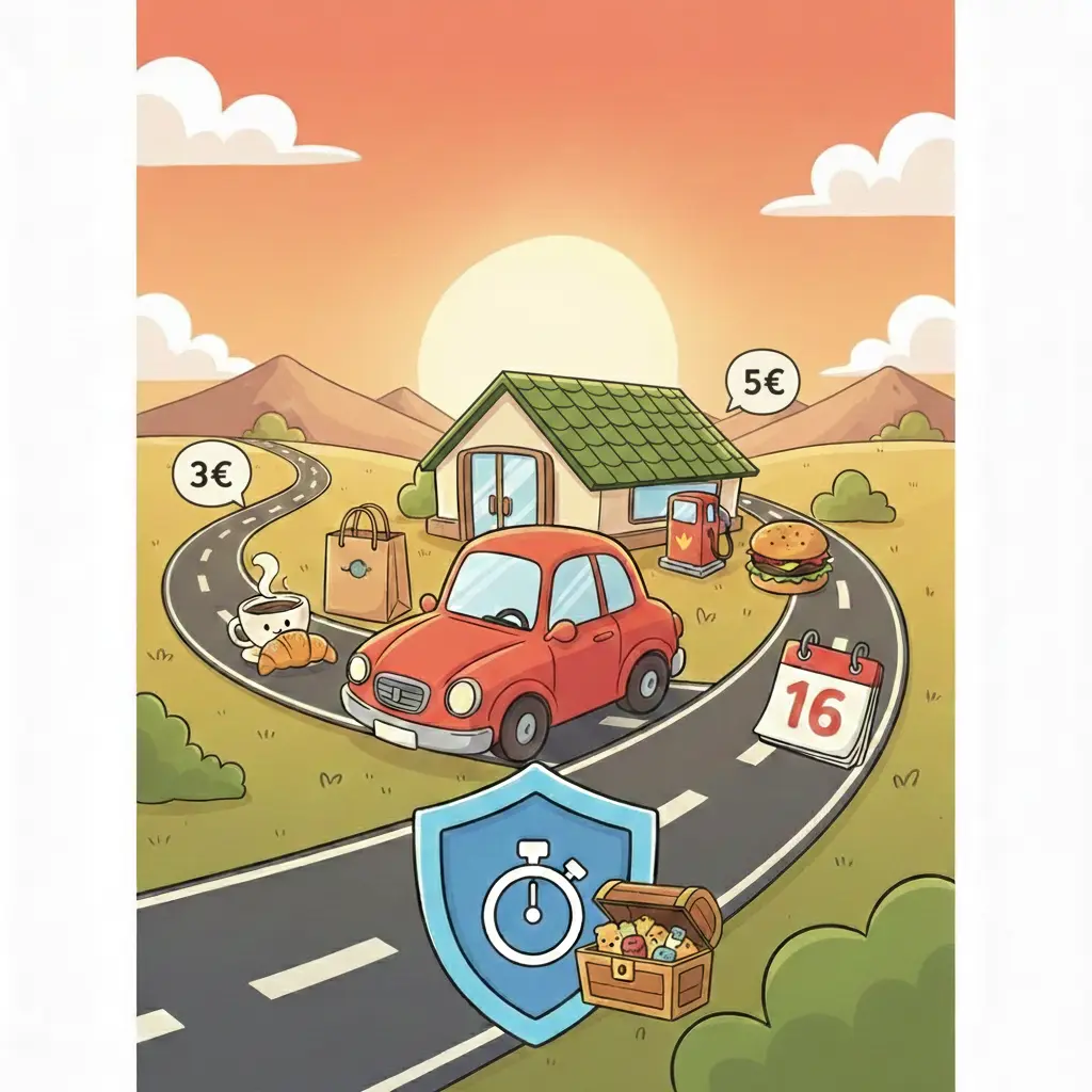 Illustrazione in stile cartone animato di una stazione di servizio lungo una strada collinare con un calendario che segna il giorno 16, un forziere di monete e icone di cibo con prezzi in euro.