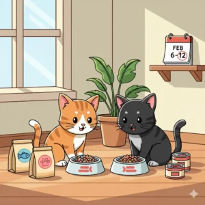 Illustrazione in stile cartone animato di due gatti con ciotole e confezioni di cibo stilizzate.