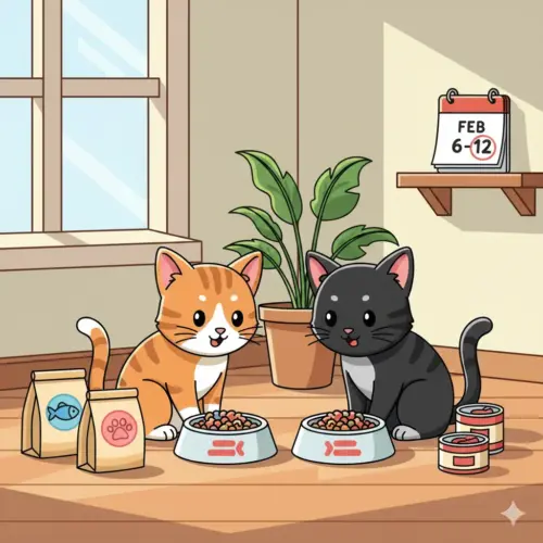 Illustrazione in stile cartone animato di due gatti con ciotole e confezioni di cibo stilizzate.