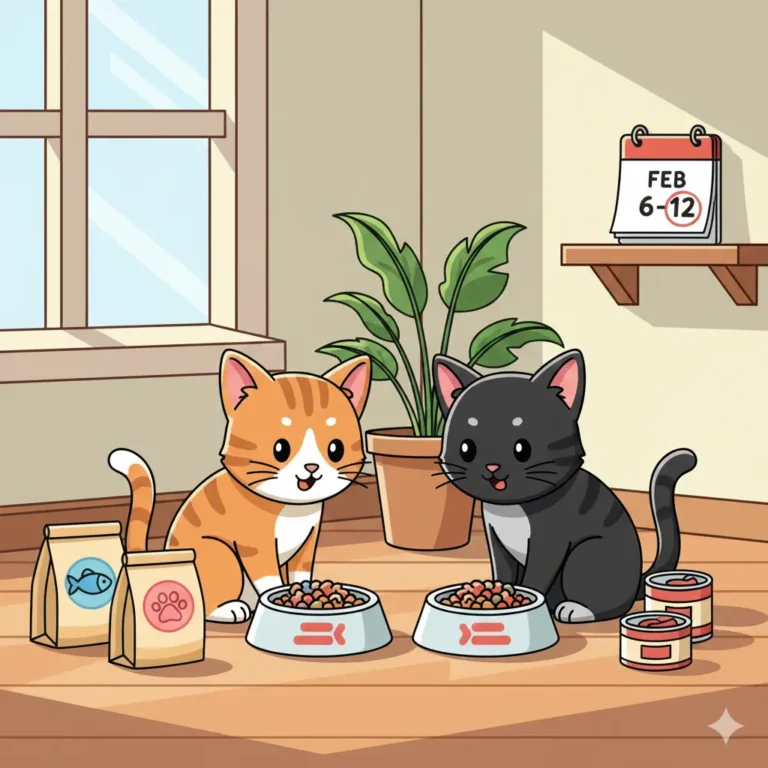 Illustrazione in stile cartone animato di due gatti con ciotole e confezioni di cibo stilizzate.