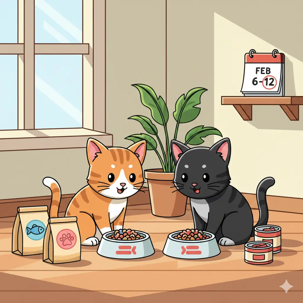 Illustrazione in stile cartone animato di due gatti con ciotole e confezioni di cibo stilizzate.