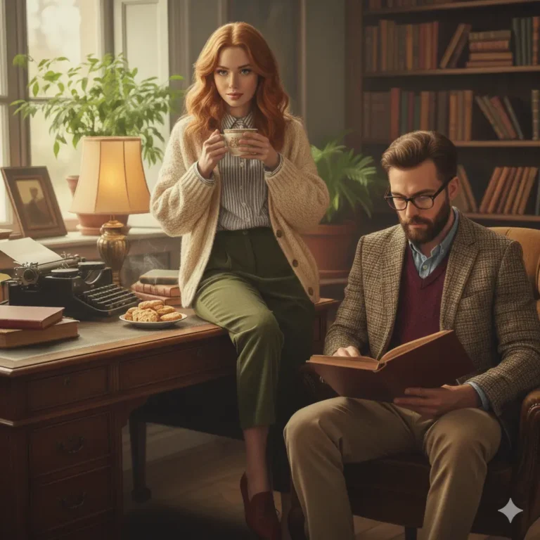 Uomo e donna vestiti in stile Grandpa Core con cardigan di lana e pantaloni classici in uno studio vintage con libri.