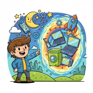 Illustrazione in stile cartone animato di un ragazzo che indica diversi prodotti tecnologici come notebook, lavatrice, televisore e smartphone.