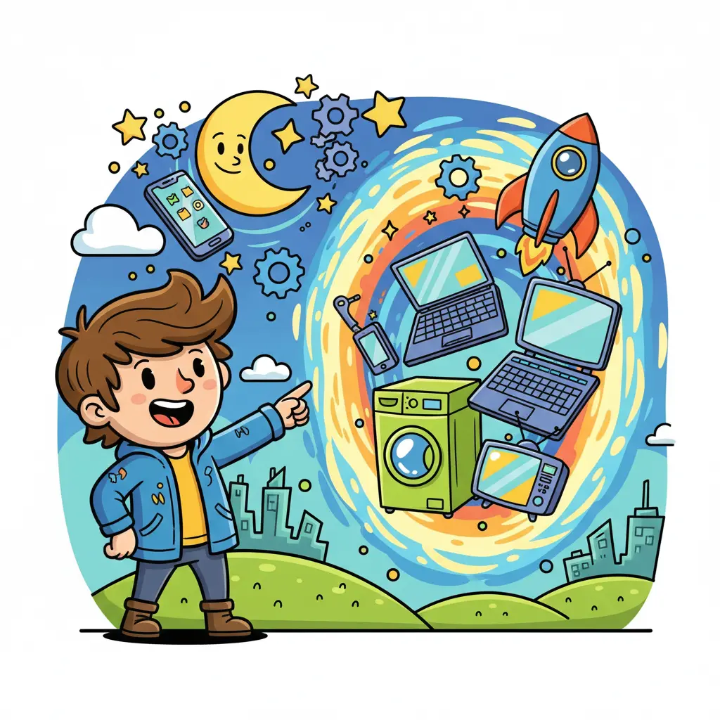 Illustrazione in stile cartone animato di un ragazzo che indica diversi prodotti tecnologici come notebook, lavatrice, televisore e smartphone.