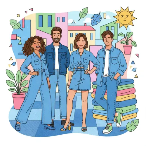 Illustrazione in stile cartoon di un gruppo di giovani che indossano diversi capi della collezione denim, con sfondo urbano colorato.