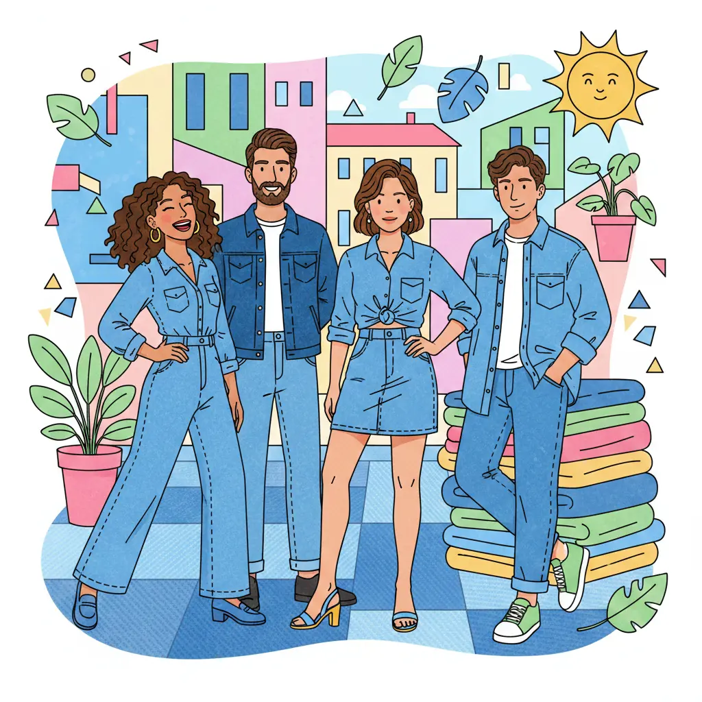 Illustrazione in stile cartoon di un gruppo di giovani che indossano diversi capi della collezione denim, con sfondo urbano colorato.