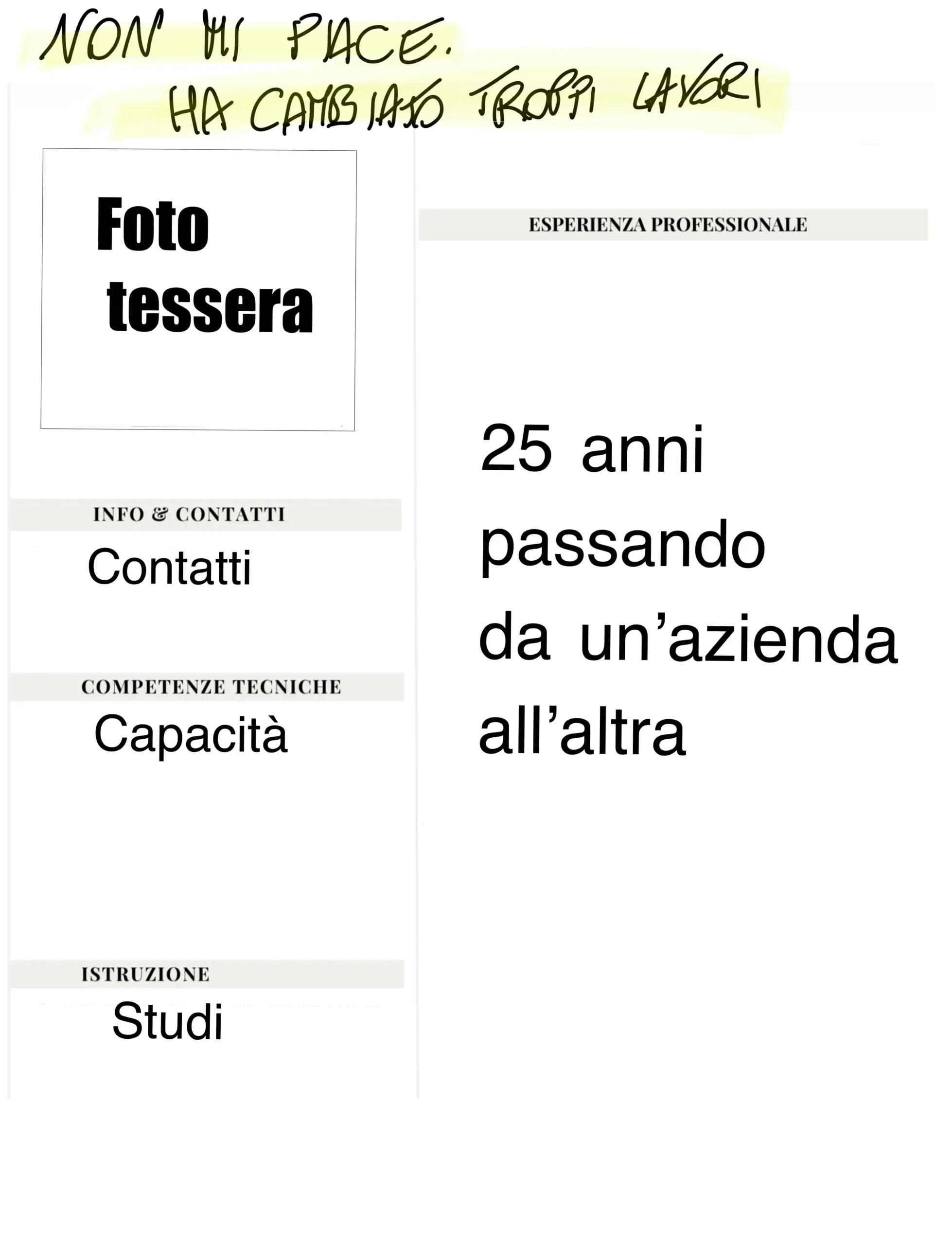 Grafica che mostra un curriculum con la scritta a mano "Non mi piace, ha cambiato troppi lavori" che contrasta con la scritta "25 anni passando da un'azienda all'altra".