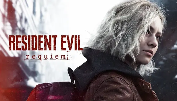 Copertina Resident Evil Requiem con protagonista femminile e zaino.