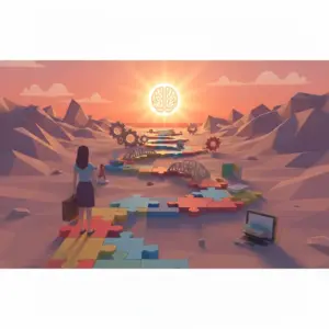 Una donna con una valigia in mano osserva un sentiero a forma di puzzle che simboleggia il ricominciare e il cambiamento. Immagine AI.