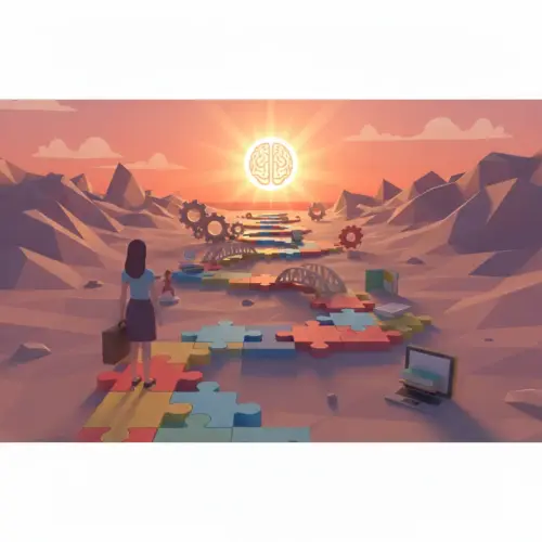 Una donna con una valigia in mano osserva un sentiero a forma di puzzle che simboleggia il ricominciare e il cambiamento. Immagine AI.