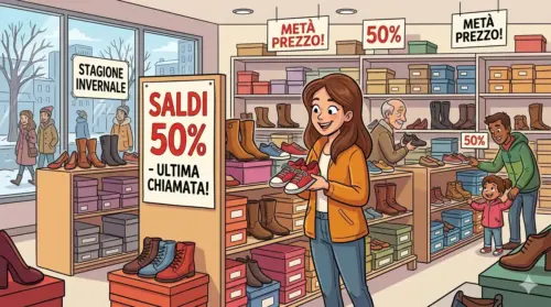 Una vivace immagine in stile cartone animato di un negozio di scarpe affollato durante una svendita. In primo piano, una donna sorridente tiene un paio di scarpe rosse. Il negozio è pieno di scaffali pieni di scarpe e cartelli che pubblicizzano "Saldi 50%", "Metà Prezzo!" e "Stagione Invernale". Altri clienti, tra cui un uomo più anziano e una famiglia, stanno navigando tra gli scaffali. L'atmosfera è allegra ed energica. Questa immagine è stata generata dall'IA.
