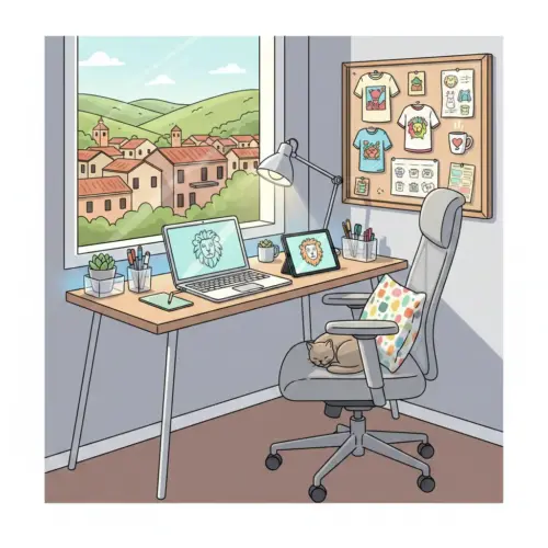 Illustrazione cartoon di un home office professionale con scrivania in legno, laptop, sedia ergonomica, un gattino che dorme e una bacheca con bozzetti grafici.