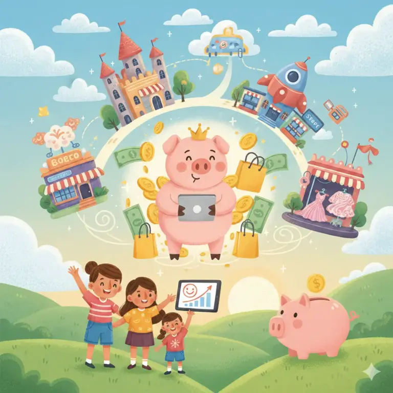Illustrazione cartoon di un salvadanaio a forma di maialino con monete e icone di negozi online, che rappresenta il concetto di cashback.