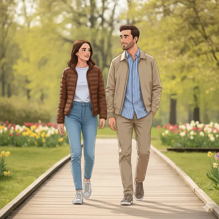 Illustrazione stile cartoon di una coppia che cammina in un parco fiorito indossando una giacca imbottita marrone e un bomber beige della collezione OVS Spring Summer.