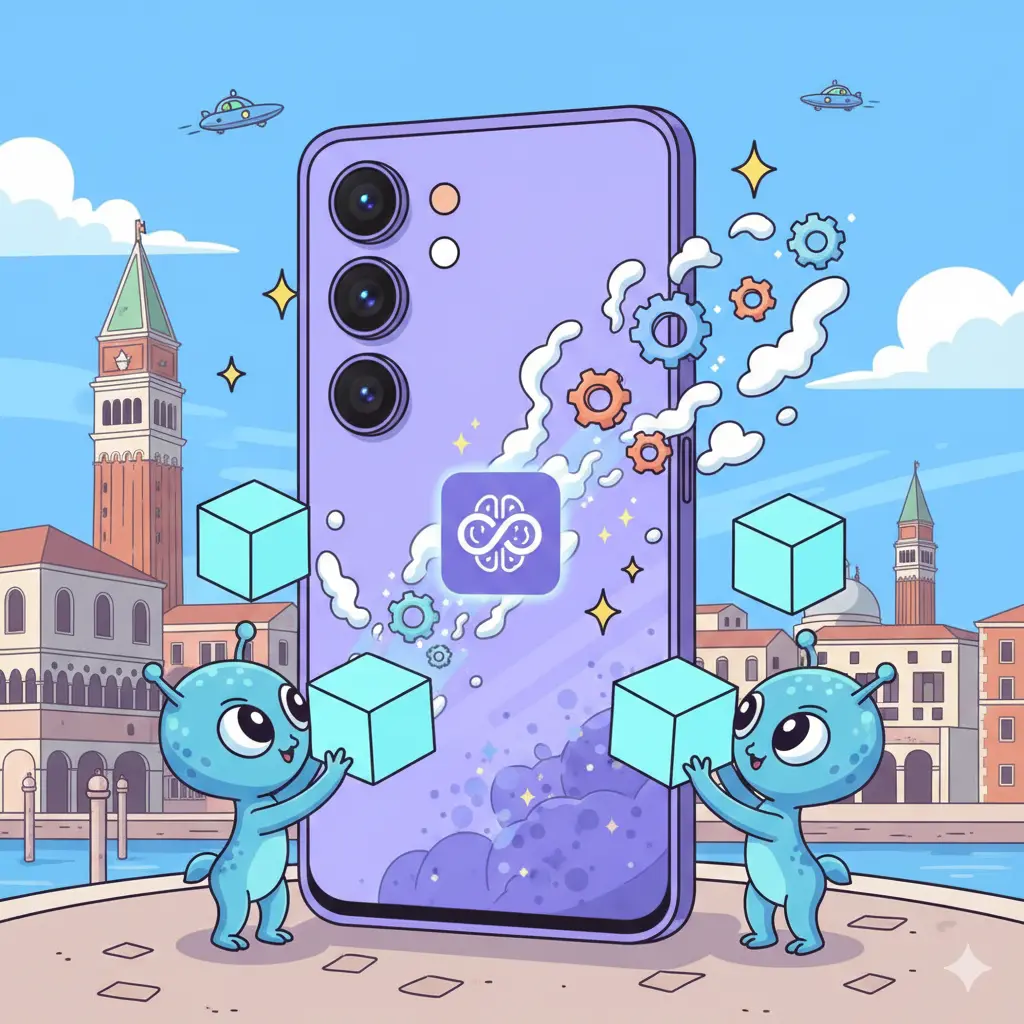 Illustrazione stile cartoon di uno smartphone viola moderno ambientato in una città veneta, con piccoli personaggi azzurri che maneggiano cubi tecnologici. Immagine generata da IA.