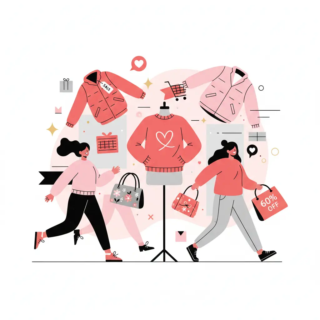 Illustrazione in stile piatto di due persone che trasportano borse della spesa accanto a un manichino con un maglione rosa decorato da un cuore. Elementi grafici di abbigliamento invernale e icone di acquisti online su sfondo chiaro.