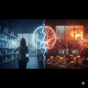 Illustrazione in stile cartone animato che mostra il contrasto tra un magazzino ordinato e uno nel caos, separati da un fulmine rosso, per spiegare la crescita personale e l'organizzazione.