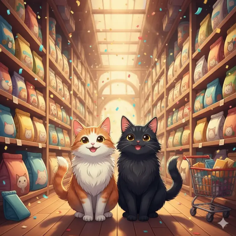 Illustrazione cartoon di due gattini, uno arancione e uno nero, seduti felici in un corridoio di un negozio di animali pieno di sacchi di cibo.