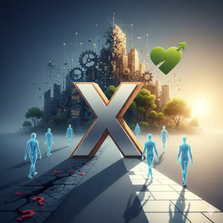 Illustrazione concettuale che mostra una grande "X" luminosa al centro di un bivio. Da una parte un sentiero crepato e buio, dall'altra un percorso luminoso e ordinato che porta verso un cuore verde con una freccia di crescita, a simboleggiare il benessere aziendale e le scelte professionali consapevoli.