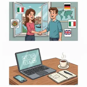 Illustrazione in stile cartoon che mostra una scrivania con laptop e una scena di conversazione tra persone di diverse nazionalità per imparare le lingue con Babbel.