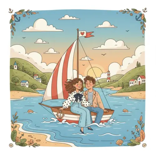 Illustrazione stile cartoon di una coppia su una barca a vela in un paesaggio costiero romantico, lei indossa una camicia a pois con fiocco e jeans, richiamando lo stile Nautical Romance.