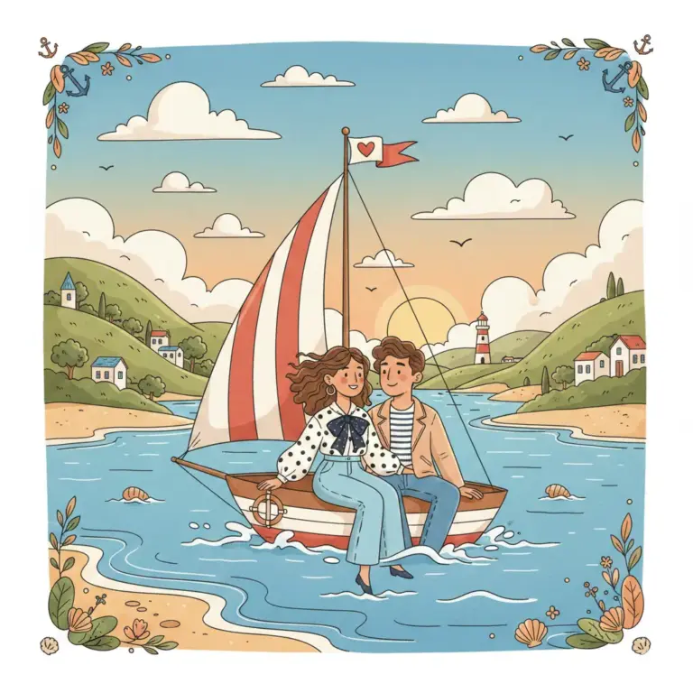Illustrazione stile cartoon di una coppia su una barca a vela in un paesaggio costiero romantico, lei indossa una camicia a pois con fiocco e jeans, richiamando lo stile Nautical Romance.