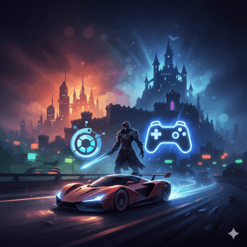 Illustrazione digitale in stile gaming che unisce elementi fantasy con un guerriero e un castello notturno a un'auto da corsa sportiva su una strada futuristica, con icone neon di un controller.