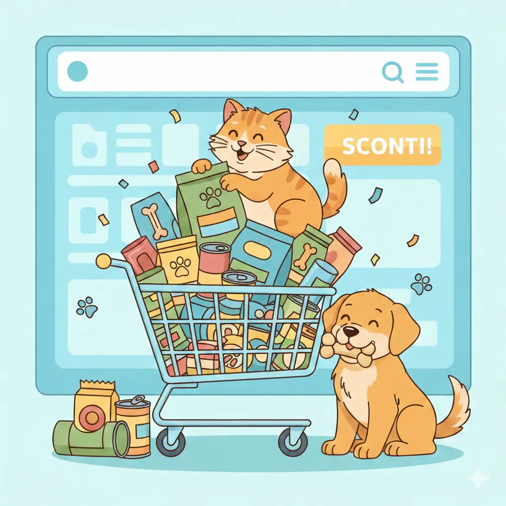 Illustrazione cartoon di un gatto arancione e un cane seduti accanto a un carrello della spesa pieno di confezioni di cibo per animali, con uno schermo blu sullo sfondo che mostra il tasto SCONTI.