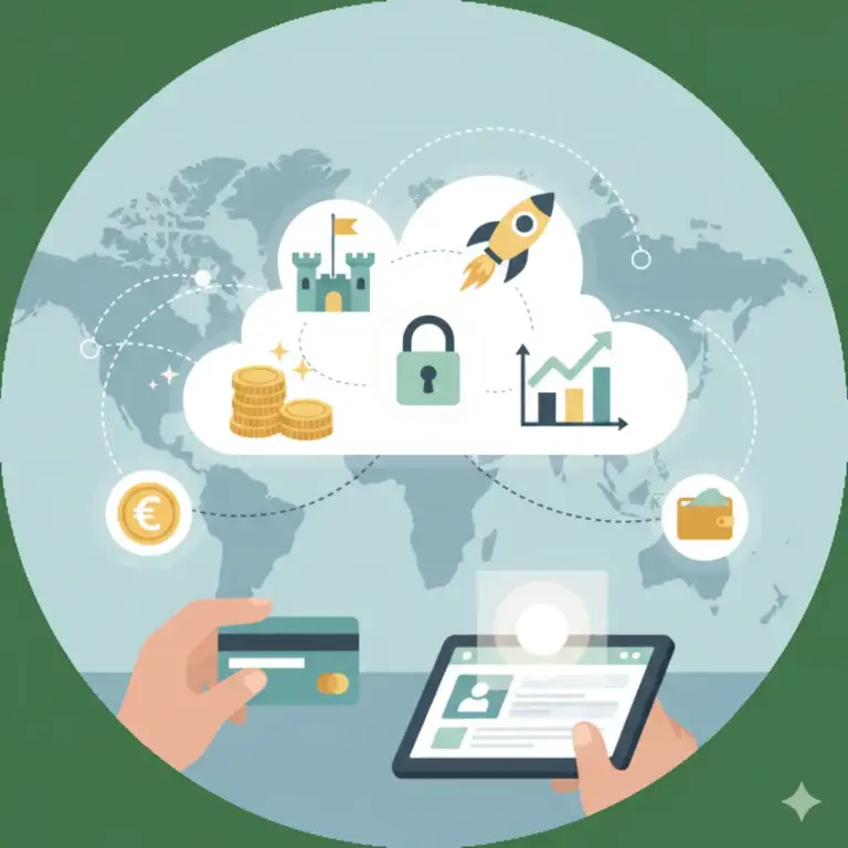 Illustrazione in stile cartoon che rappresenta la gestione finanziaria digitale con icone di sicurezza, monete, grafici di crescita e una carta di credito su sfondo mappa del mondo.