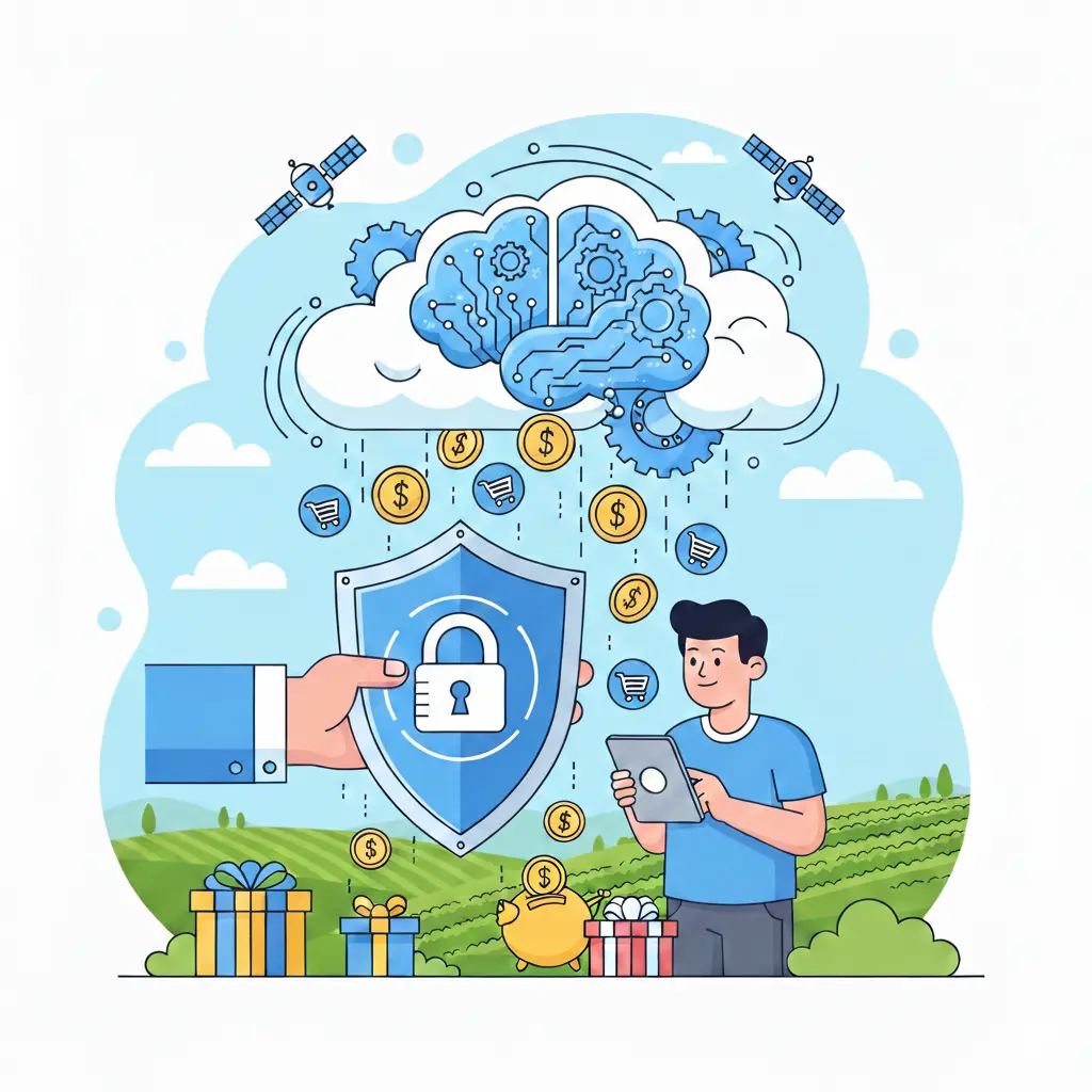 Illustrazione stile cartoon che rappresenta il risparmio online 2026 con un cervello tecnologico, monete e uno scudo protettivo su uno sfondo di colline.