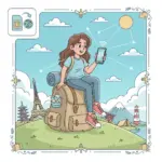 Illustrazione stile cartoon di una viaggiatrice seduta su uno zaino mentre usa lo smartphone, circondata da icone di viaggi globali e simboli di connessione eSIM.