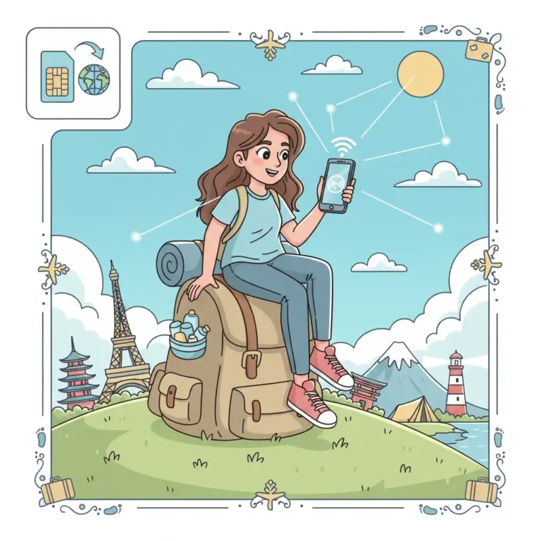 Illustrazione stile cartoon di una viaggiatrice seduta su uno zaino mentre usa lo smartphone, circondata da icone di viaggi globali e simboli di connessione eSIM.